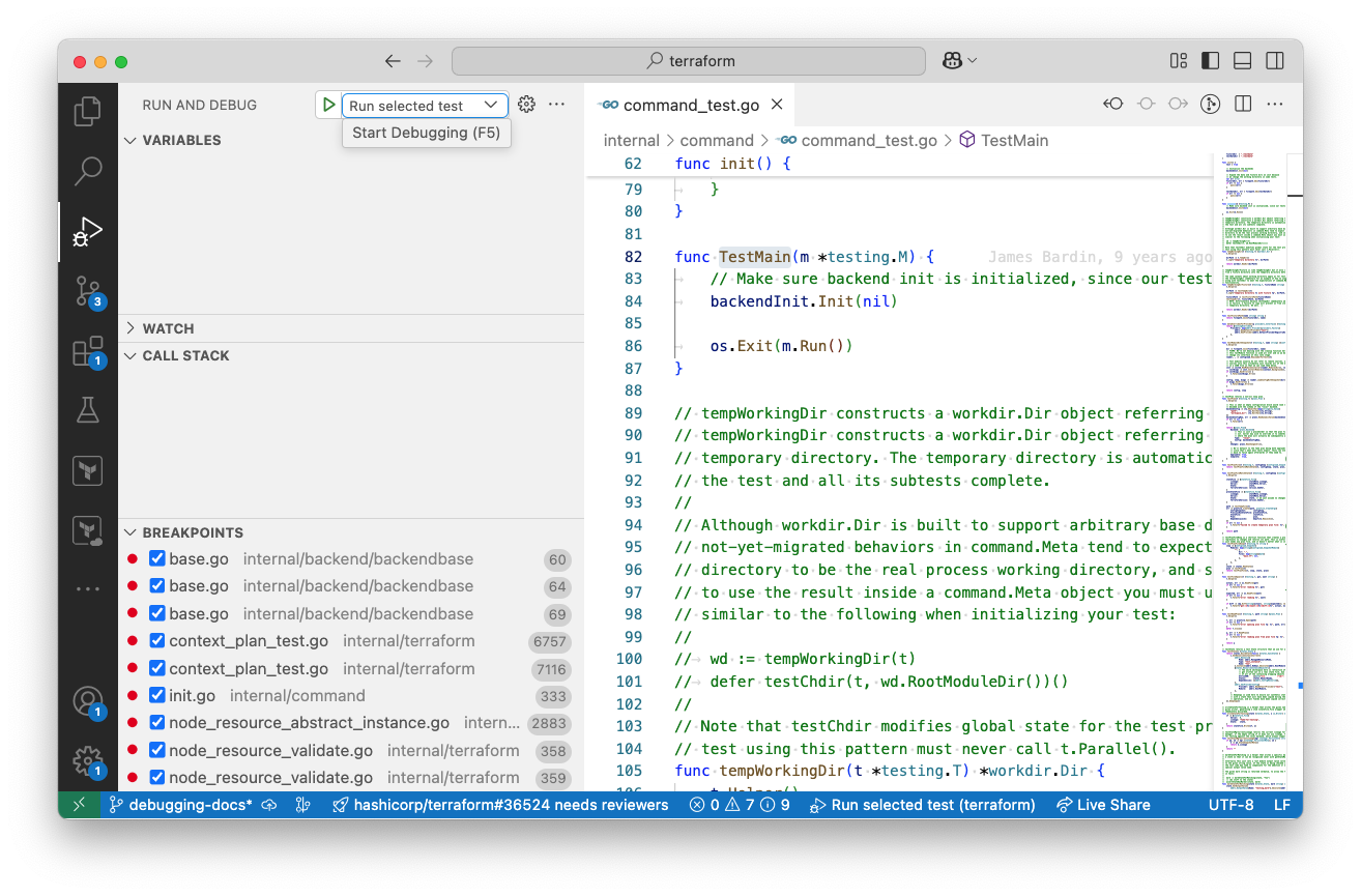 Debugging a single test using the example 'Run selected test' debugger configuration shared in this repository